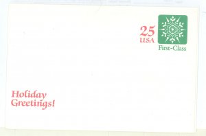 US U613 1988 Holiday Greetings, 25c Snowflake envelope.  5x7 1/2 inch (2) 25c first class envelope issued by the Postal Service