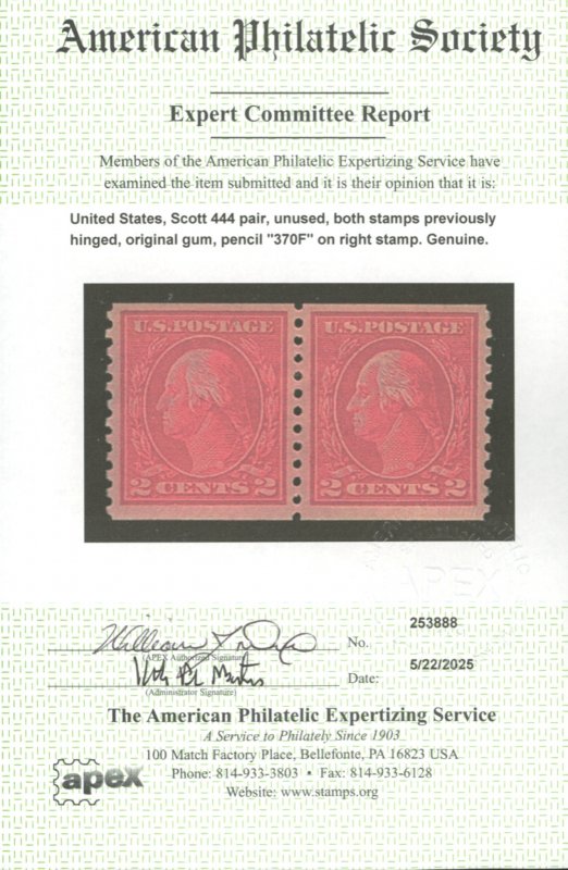 U.S. #444 MINT PAIR WITH APS CERT OG