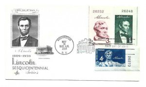 1116 4c Lincoln Sesquicentennial ArtCraft with #1113-14 plate number sgls FDC