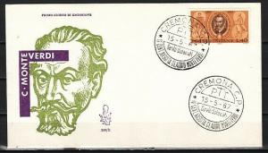 Italy, Scott cat. 957. Composer Monteverdi issue. First day cover.