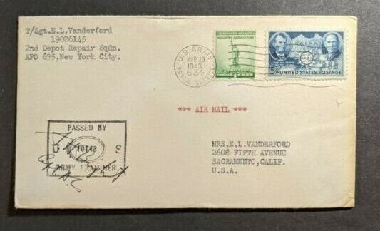 1943 US APO 635 in England Censored Airmail Cover to Sacramento CA
