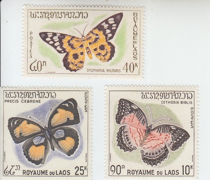 1965 Laos Butterflies (Scott 101-03) MLH