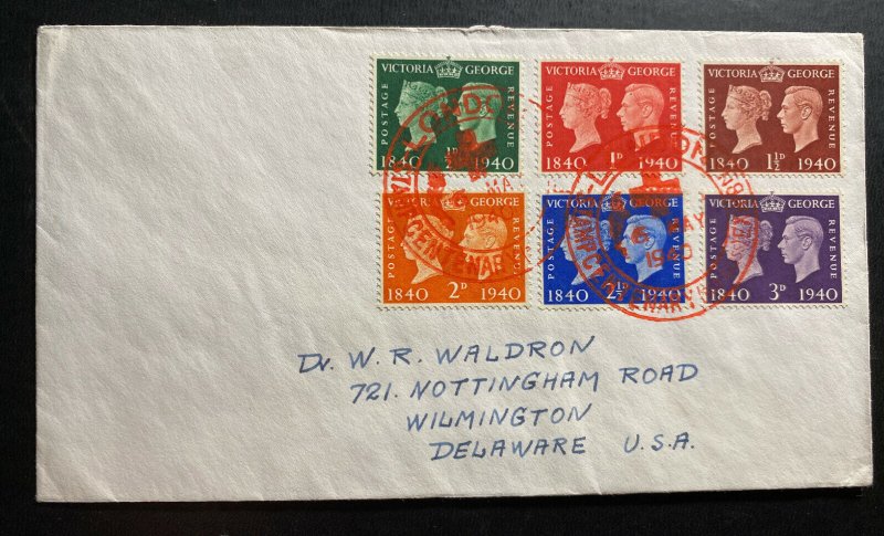 1940 London England First Day Cover FDC To Wilmington USA Stamp Centenary
