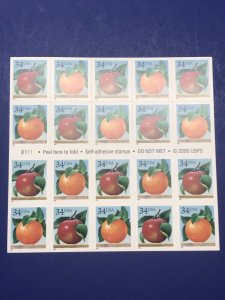 SCOTT#3493-94 BOOKLET OF 20 APPLE AND ORANGE 34 CENT STAMPS  MNH