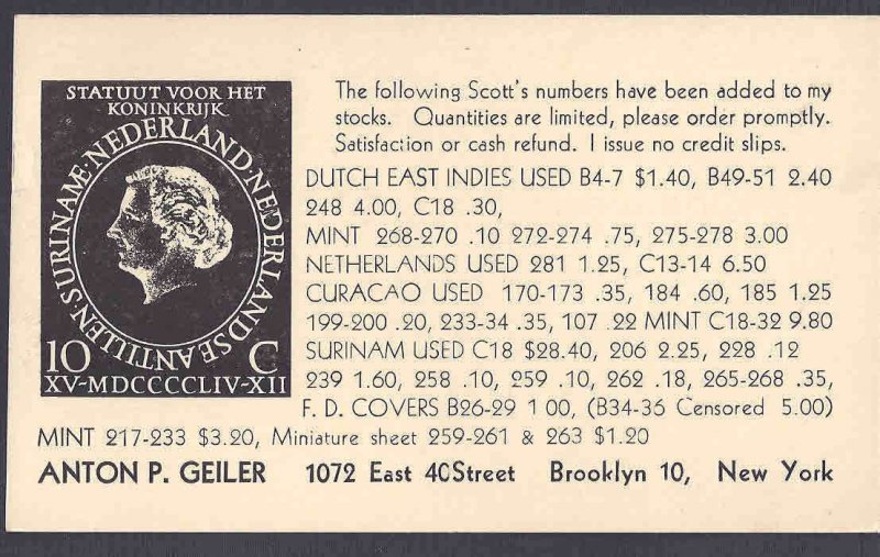 1956 BROOKLYN NY STAMP DEALER, IN DUTCH COLONIES ETC