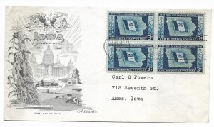 US 942 (Me-20) 3c Iowa Statehood blk 4 on FDC Artmaster Cachet ECV $18.00