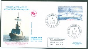 French Southern & Antarctic Territories 286 2001 16 franc ship: Frigate La Fayette (single) on an unadressed, cacheted FD Cover