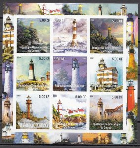Congo Dem., 2002 Cinderella. Lighthouses on an IMPERF sheet of 9. ^
