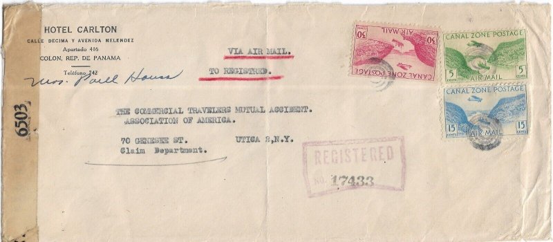 1945 Colon, Canal Zone to Utica, New York Registered Airmail, Censored (59414)