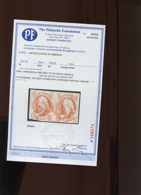 1b Franklin Used Pair w/ RED Numeral '10' in Circle Cancel & PF Cert (Bz 545)