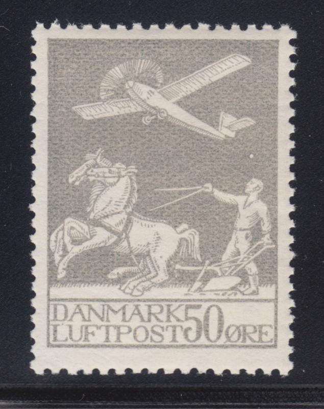 Denmark Sc C4 MNH. 1929 50o Airplane, Plowman & Horses, well centered