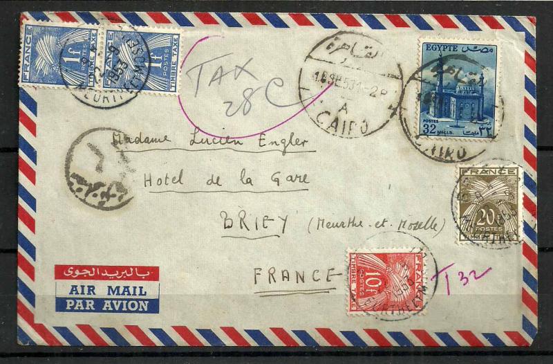 EGYPT STAMPS. 1953. TO PAY COVER TO FRANCE