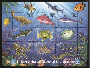 Liberia 1998 - Marine Life Fish - Sheet of 9 Stamps - Scott #1358 - MNH