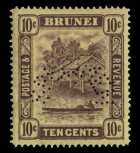 Brunei #54S (SG 73s) Cat£170, 1937 10c yellow, perforated Specimen, hinged