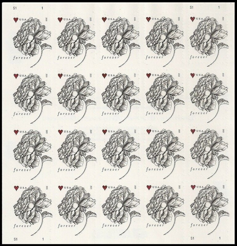 4959CF1, Counterfeit Pane of 20 Vintage Rose Stamps - Stuart Katz