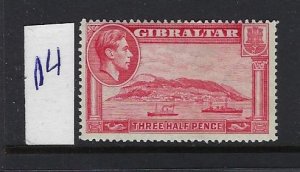 GIBRALTAR SCOTT #109 1938-49 GEORGE VI 1 1/2P - PERF 14- (CARMINE ROSE) MINT LH