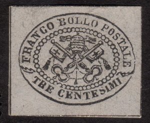 1867 Papal / Roman States Italy 3c, MNG, Sc 13, Grey paper