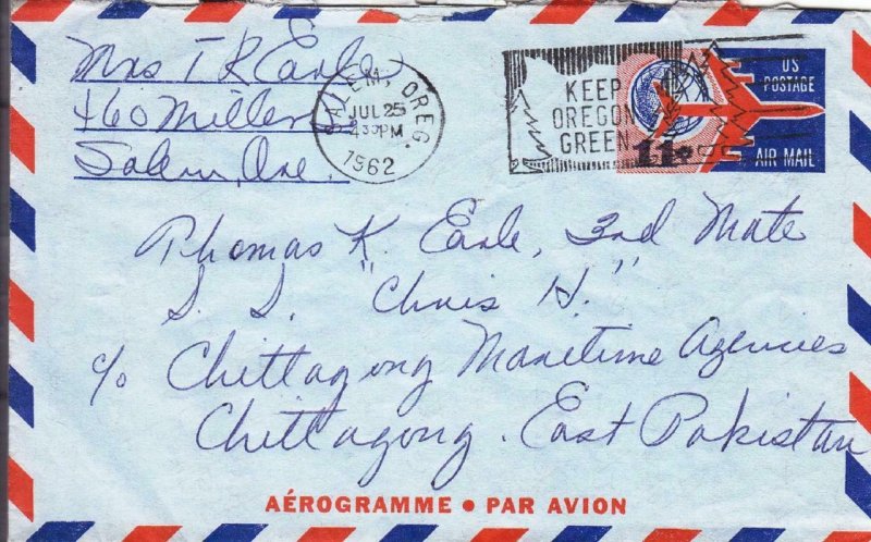 1962, Salem, OR to Chittagong,East Pakistan, Aerogram (UC35),See Remark (37453)