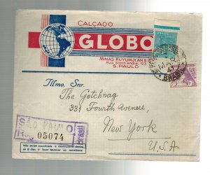 1941 Sao paulo Brazil Registered Commercial Cover to USA Calcado Globo Shoes