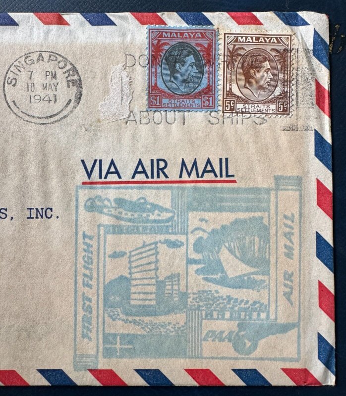 Malaya 1941 Pan American AS Singapore to Honolulu First Flight Cover WWII Censor