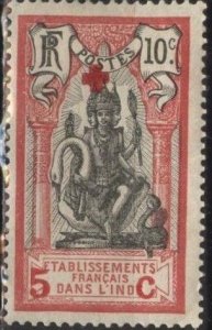 French India B4 (mh, tiny tear ur) 10c+5c Brahma, rose & black (1916)