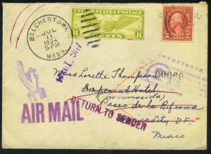 US-MEXICO 1934 RETURN TO SENDER AIRMAIL COVER BELCHERTO