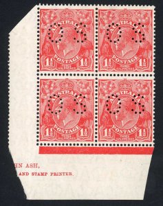 Australia 1926-30 SG O100 1 1/2d scarlet P 13 1/2 x 12 1/2 mint block of 4