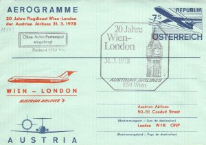 Austria special flight cover Austrian Airlines Big Ben Tower Aerogramme