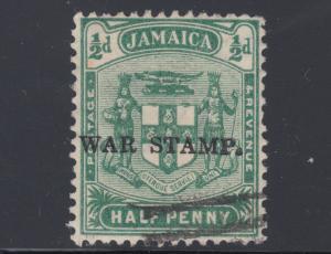 Jamaica Sc MR1 used. 1916 ½p green variety, heavy overprint shifted to left