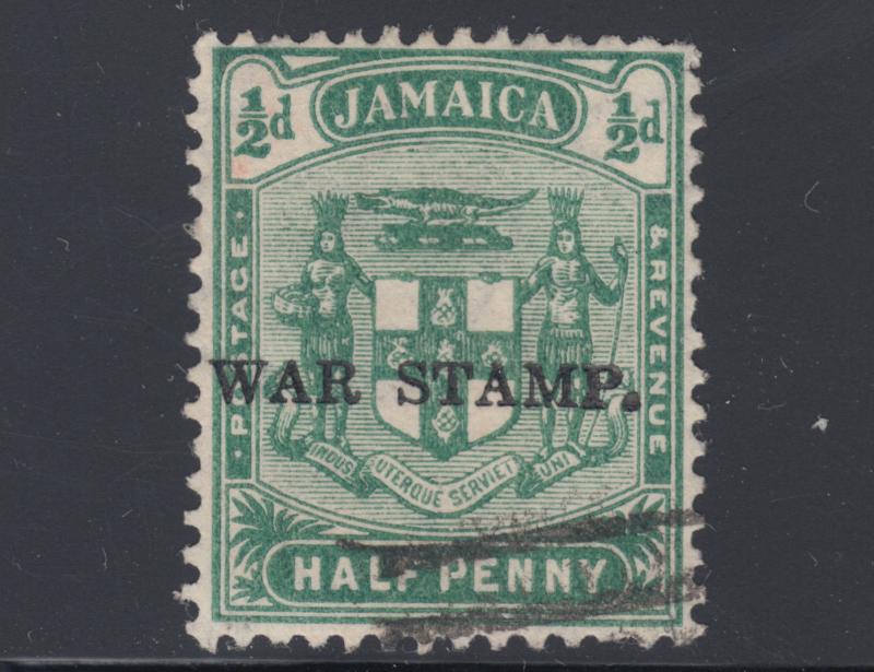 Jamaica Sc MR1 used. 1916 ½p green variety, heavy overprint shifted to left