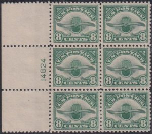 US Airmails #C4 MINT NH  XF Wide Left Plate # Block of 6 Cat Value  $330