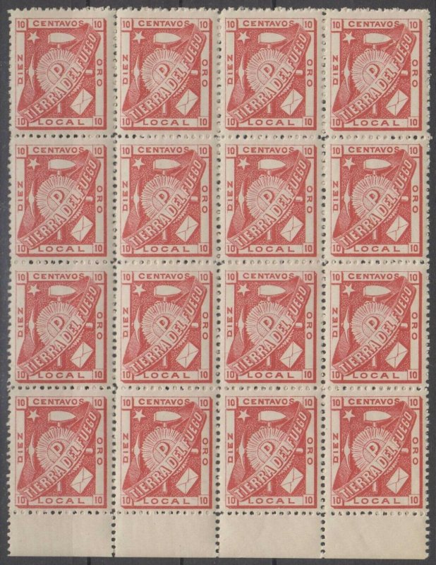 ARGENTINA 1891 LOCAL TIERRA DEL FUEGO Mi 1 MARGINAL BLOCK OF 16 MNH F,VF €960++ 