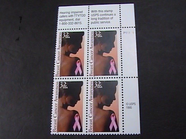 US # 3081-MINT/NEVER HINGED--UR-PLATE # BLOCK OF 4-BREAST CANCER AWARENESS-1996