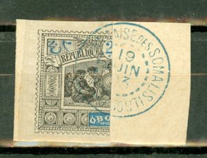 B: Obock 53a used on piece; CV $300 for on cover, est CV $120