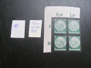 GERMANY  1934 MNH MI. 550 PLATE BLOCK XF 10+ EUROS (181)