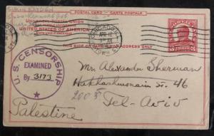 1943 Chicago IL USA Censored Stationary Postcard Cover To Tel Aviv Palestine