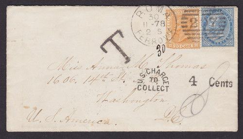 Italy Sc 28, 36 on 1878 Postage Due Cover to Washington, DC, Carrier handstamp
