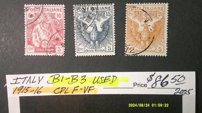 Italy 1915-1916 First Semi-Postal Scott# B1-B3 USED Fine-VF Complete set of 3