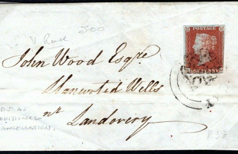 GB Wales Cover CDS Additional Cancel Llandovery MX 1d Red 1844 MC132a