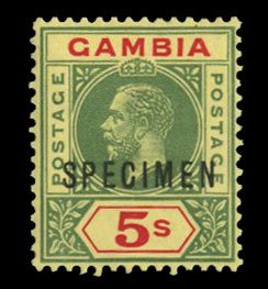 Gambia #86S (SG 102s) Cat£375 (for set), 1922 5sh yellow and red, overprinte...