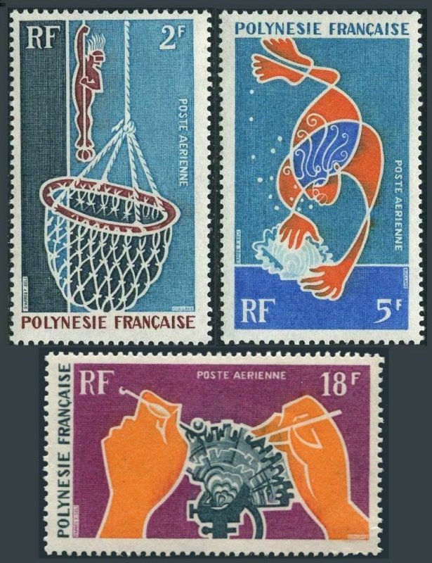 Fr Polynesia C57-C59,MNH.Mi 115-117. Pearl Industry 1970.Pearl diver,Oysters.