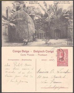 BELGIAN CONGO 15 on 10c pictorial card used at Matadi : Native Huts.........E753