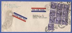 US 1947 Airmail Cover 30c rate, Prexy 3c Coil x 10 Jefferson  to Switzerland