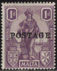 Malta 118 (mh) 1p allegory of Malta, vio, ovptd “POSTAGE” (1926)