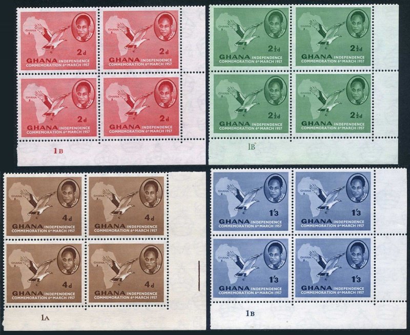 Ghana 1-4 bl/4,MNH.Mi 1-4. Independence,1957.Kwame Nkrumah,Pulm-nut vulture,Map.