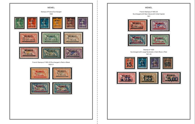 COLOR PRINTED MEMEL 1920-1923 STAMP ALBUM PAGES (14 illustrated pages)