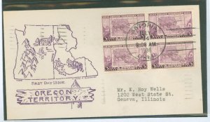 US 783 1936 3c Oregon Territory/100th Anniversary (block of four) on an addrssed (typed) FDC with an Astoria, OR cancel and a Mc