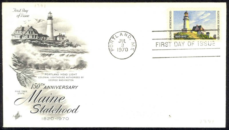 USA 1391 unadressed ArtCraft FDC (f) Philadelphia,PA 1970 7.9 Maine 150th