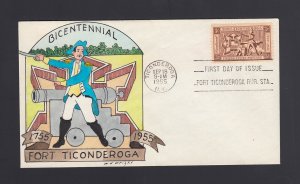 #1071 4c 1955 FORT TICONDEROGA: Wright Hand Painted Cachet