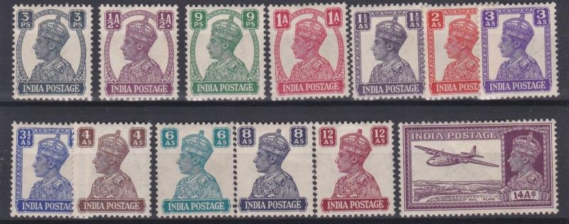 INDIA  1940 - 43     S G  265 - 277    SET OF 14  LESS 1A 3P     MH  